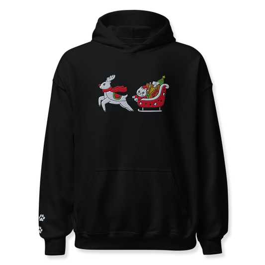 Cat Riding Rodolph Embroidery Unisex Hoodie